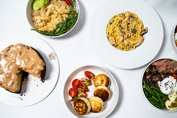 Set of different fresh dishes on white background. Banner design