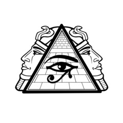 Animation monochrome drawing: symbol of  Egyptian pyramid, eye of Horus, profile of the pharaoh.Vector illustration isolated on a white background. Print, poster, T-shirt, logo.