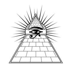 Animation monochrome drawing: symbol of  Egyptian pyramid, eye of Horus, divine shining sun. Vector illustration isolated on a white background. Print, poster, T-shirt, logo.