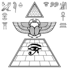 Animation linear drawing: Divine scarab beetle sits atop  pyramid. Eye of  god Horus. Set of hieroglyphs. Vector illustration isolated on a white background. Print, poster, T-shirt