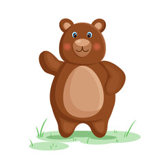 Cute brown bear on the green grass. Vector illustration.