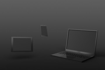 ノートPCとスマホとタブレットなどモバイル機器のCGイメージ素材ダーク © nkmstudio