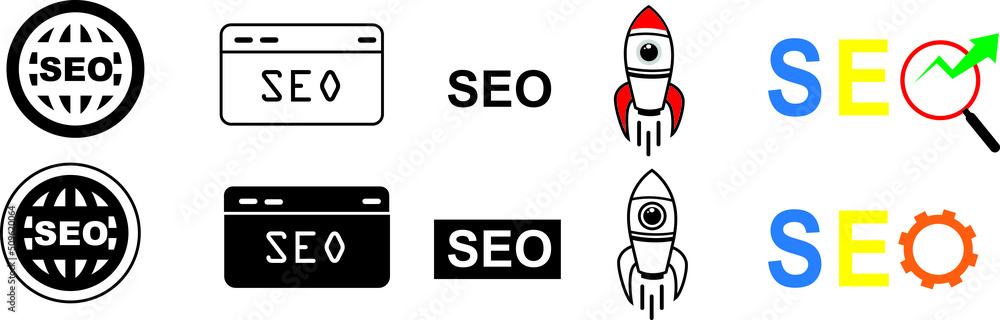 Poster simple and cute vector illustration material set of rocket launch with seo, search engine optimizati