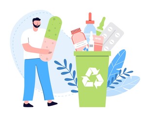 Male character collects medical supplies in trash can. Waste pollution concept. Small man carries medicines to trash can. Waste bin for expired medicines. Garbage bin for drugs.