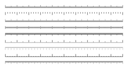Various measurement scales with divisions. Realistic scale for measuring length or height in centimeters, millimeters or inches. Ruler, tape measure marks, size indicators. Vector illustration