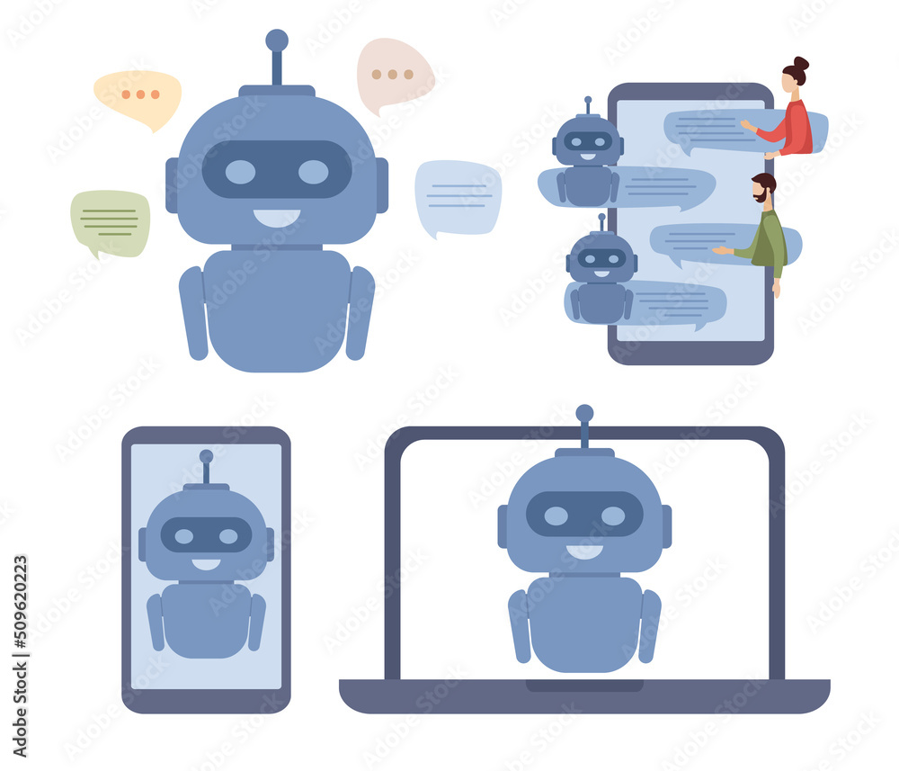 Poster chatbot icon set. artificial intelligence robot assistant. online customer support. vector flat illu