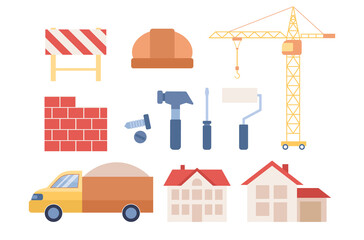 Build icon set. Building process. Construction vehicles facilities and building tools. Vector flat illustration 