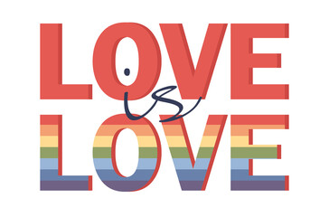 Love is love lettering. LGBT pride icon. Lesbian, gay, bisexual, transgender concept love symbol. Human rights and tolerance. Color rainbow flag. Vector flat illustration 