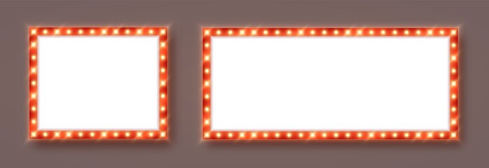 Marquee frames with red border, retro casino signboards with white background. Vintage circus banners with yellow light bulbs. Vector illutration.