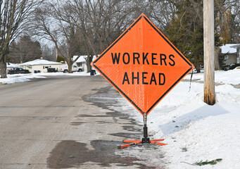 Workers Ahead Street Sign