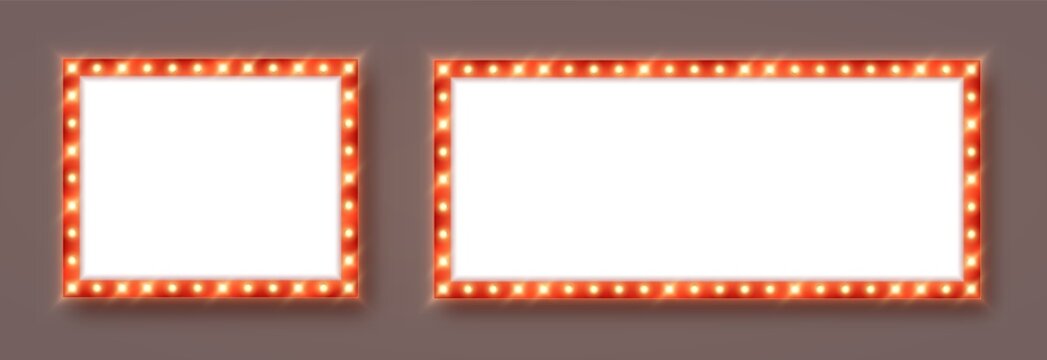 Marquee Frames With Red Border, Retro Casino Signboards With White Background. Vintage Circus Banners With Yellow Light Bulbs. Vector Illutration.