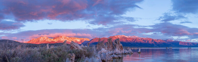 Tufa Formation on the picturesque Mono Lake in California at Sunrise against the backdrop of...