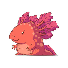 Axolotl, isolated vector illustration. Cute cartoon picture of lovely baby axolotl sitting. Drawn amphibian sticker. A simple drawing of Ambystoma Mexicanum on white background.
