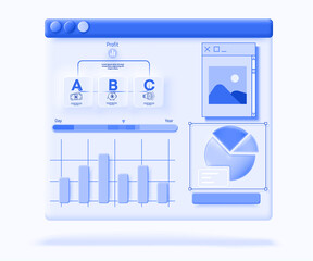 Three Dimensional SEO-optimization of web analytics. Stock trading charts, growth strategies, business analytics. Vector illustration