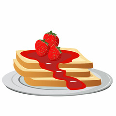 a plate of bread cake with strawberry topping and jam