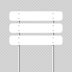 Road, traffic sign. Highway signboard on a chrome metal pole. Blank white board with place for text. Directional signage and wayfinder. Information sign mockup. Vector illustration.