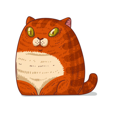 Fat Red Cat, isolated vector illustration. Cute cartoon picture of a serene ginger cat sitting. Drawn cat sticker. Simple drawing of a domestic cat on white background. A kitty. A pet.