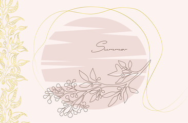 Cute pink postcard with golden elements and floral drawing.