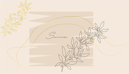 Cute beige postcard with golden elements and floral drawing.