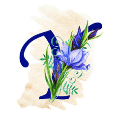 Watercolor letters with a bouquet of iris flowers ,
 blue flower petals viola, iris,
  shades with green stems.
Suitable for decoration of greeting cards,
Invitations, weddings, children's celebration