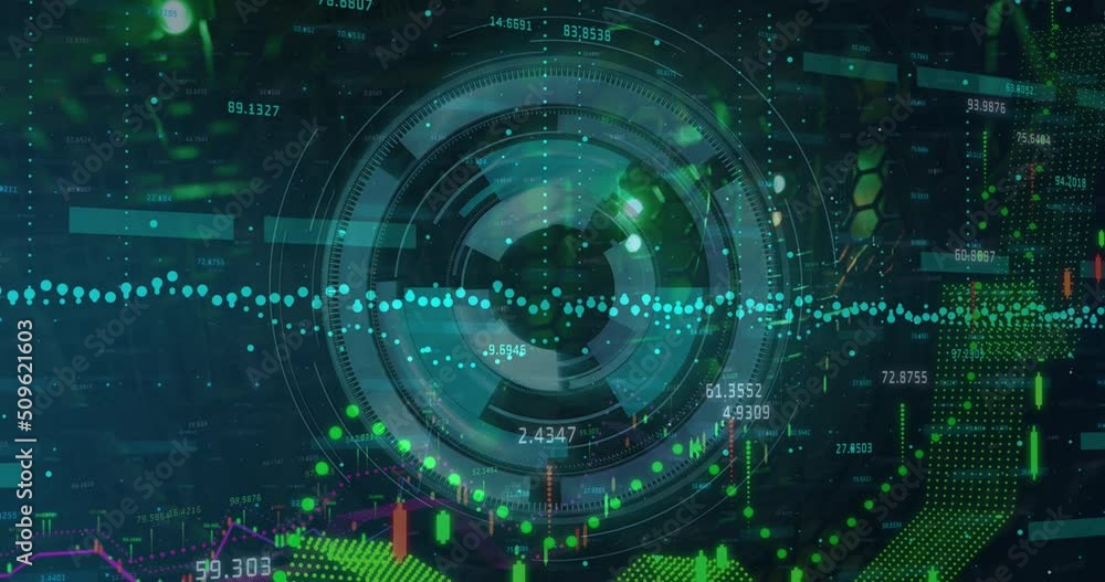Aufkleber animation of processing circle over financial graphs on black background