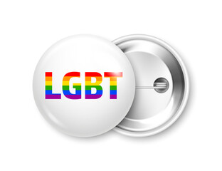 Realistic white badge with LGBTQ rainbow flag. Lesbian, gay, bisexual, transgender love symbol, pride month. 3D glossy round button. Pin badge mockup. Vector illustration