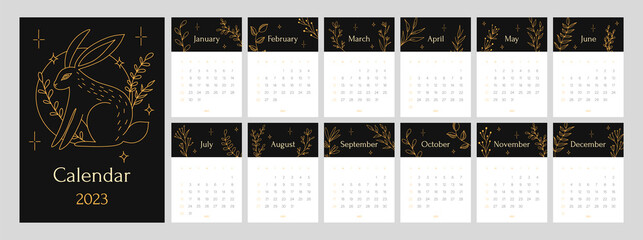 Calendar template for 2023. Vertical design with black rabbit for the year of rabbit 2023. Editable illustration page template A4, A3, set of 12 months with cover. Vector mesh. Week starts on Sunday.