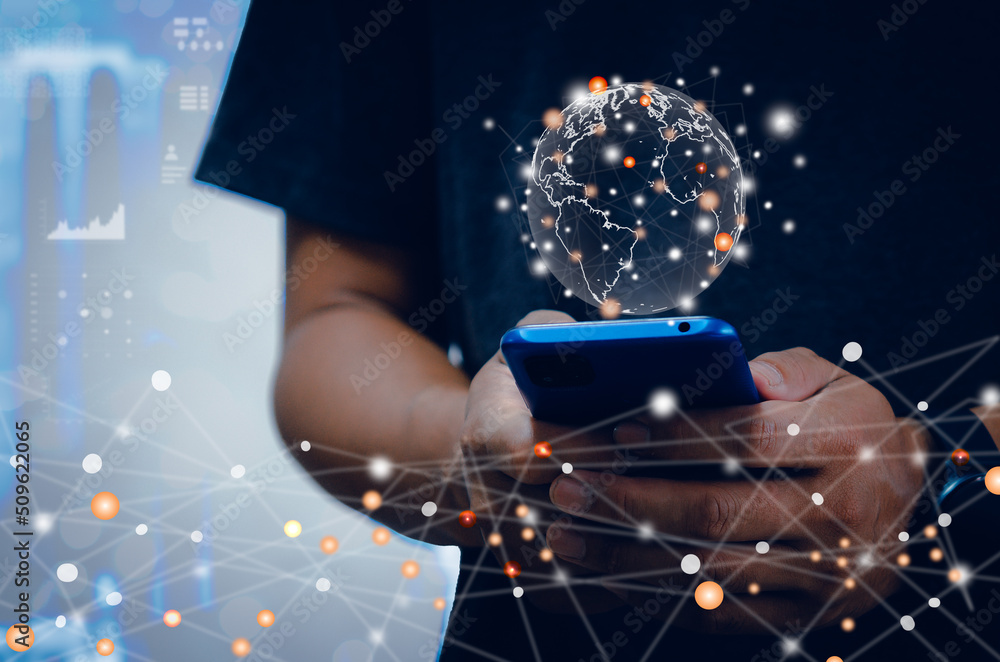 Aufkleber hand use smartphone global business internet network connection and social media. businessman concep