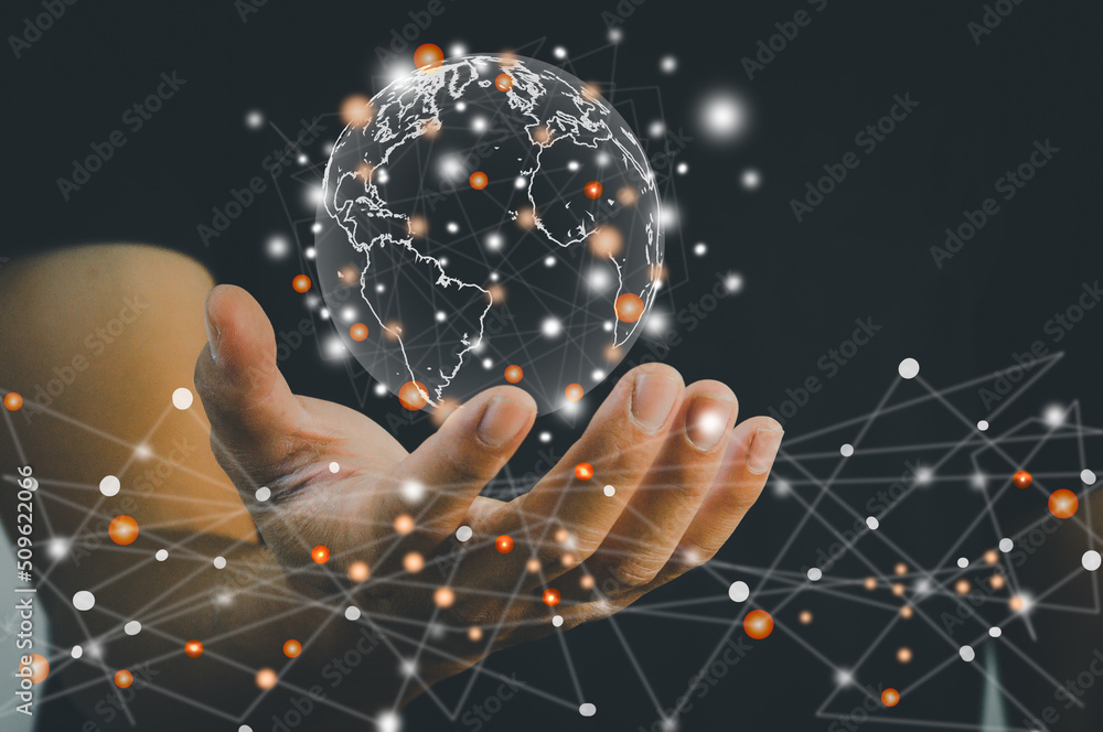 Poster global business internet network connection and social media. businessman concept holding a global n