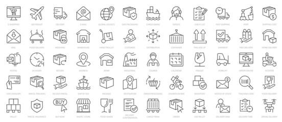 Delivery line icons set. 60 icon delivery, shipping, logistics symbols. Outline icons collection. - obrazy, fototapety, plakaty