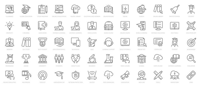 E-learning, online education icons set. 60 Electronic learning icons. Distance learning collection outline icons collection.