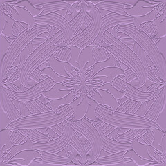 Embossed floral line art tracery 3d seamless pattern. Ornamental beautiful relief lilac background. Repeat textured backdrop. Surface abstract swirl lines flowers. 3d ornaments with embossing effect