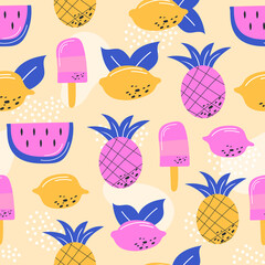 Multicoloured summer fruits seamless pattern for wallpaper, wrapping and textile. Modern colors. Lemon, ice cream, pineapple and watermelon