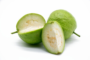 Fresh Guava fruit slices isolated on the white background. front view