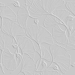 3d embossed lines floral seamless pattern. Textured beautiful flowers relief background. Repeat emboss white backdrop. Surface leaves, flowers. 3d line art flowers ornament with embossing effect. Art - obrazy, fototapety, plakaty
