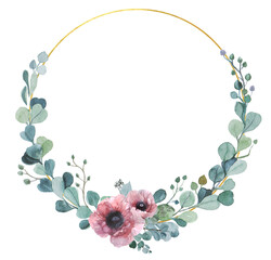 Watercolor eucalyptus frame. Decor cute bundle. leaves drawing painting. hand drawn eucalypt object. green leaves. greenery eucalyptus herbal. rustic botanical greeting.