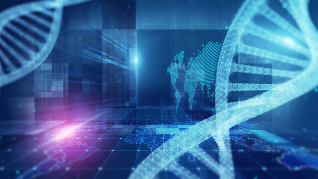 DNA, digital science, futuristic technology and modern medical research.