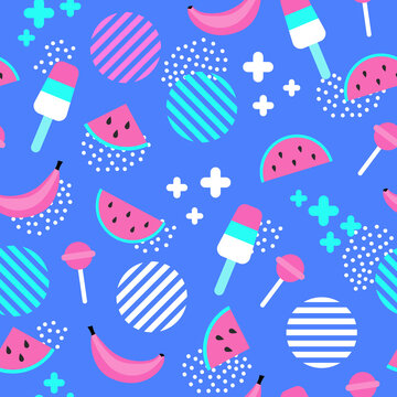 Bright summer vector pattern of elements - watermelon, ice cream, banana, lollipop and graphic elements. Summer mood, perfect for summer prints