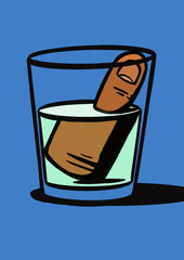 Ink brush illustration of finger in glass of water with refraction on paper with texture and grain