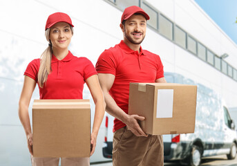 Delivery man and woman holding boxes and standing outside a warehouse