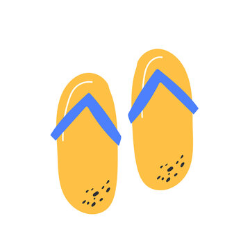 Hand drawn slippers. Vector illustration flip-flops for summer, beach, vacation. Single object isolated on white background. Yellow rubber sandals