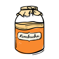 Kombucha tea hand drawn vector bottle illustration. Healthy fermented probiotic tea drink.