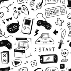 Video game hand drawn doodle seamless pattern. Video gamer console, joystick, controller element. Computer retro, arcade play background, wallpaper, pattern. Vector illustration. © Polina Tomtosova