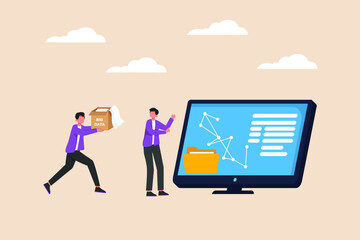 Businessman analyzing big data in laptop and his friend carrying data box. Working big data concept. Colored flat vector illustration isolated.