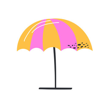 Hand drawn beach umbrella icon in white. Summer vector illustration. Pink and yellow color - simple element for design