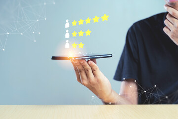Customer experience satisfied concept man and five yellow stars rating