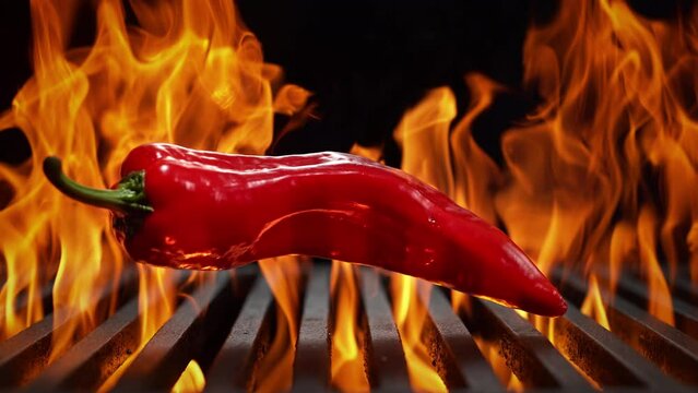 Long Red Pepper Falling onto the Grill Grate Flaming in Slow Motion - BBQ on Black Background