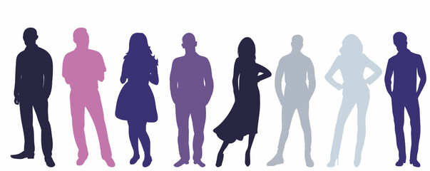 standing people silhouette on white background, isolated, vector