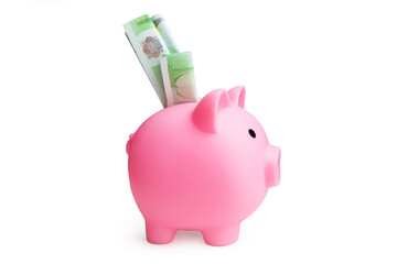 A pink piggy bank with one hundred euro bills sticking out of it. Isolated with clipping path. Savings and financial success concept