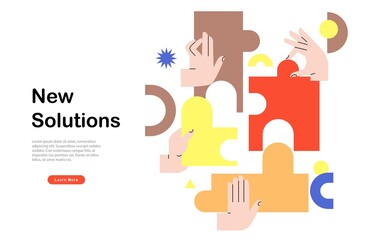 Team work, team building, corporate organization, partnership, problem solving, innovative business approach, brainstorming, unique ideas and skills with puzzle pieces flat vector illustration